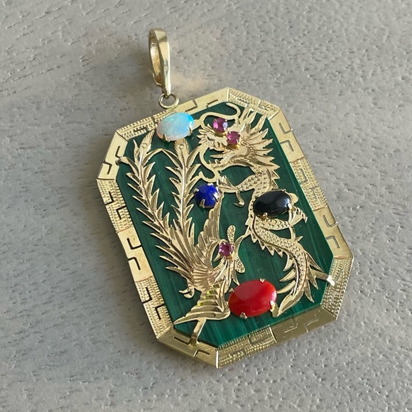 🐲14K Solid Gold Lucky Dragon🐲 Malachite, Opal, Onyx, Ruby, Lapis Charm Pendant - Picture 2 of 9